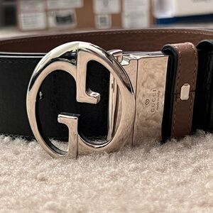 Gucci Black and Brown Belt with Silver Buckle